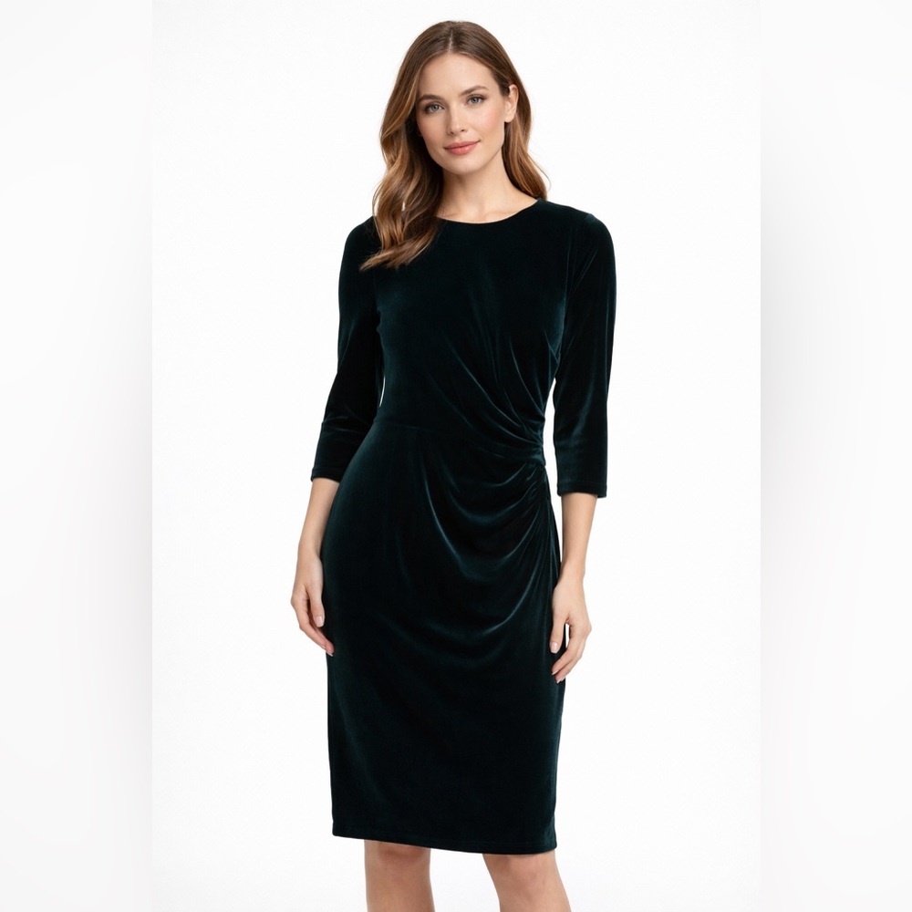 Eliza J Dark Green Velvet Ruched 3/4 Sleeve Zip Back Midi Dress Size 4 Like New